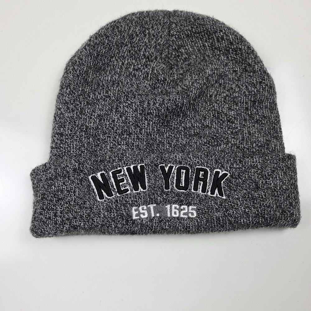 New York Embroidered Cuffed Knit Beanie Gray Acrylic Winter Hat